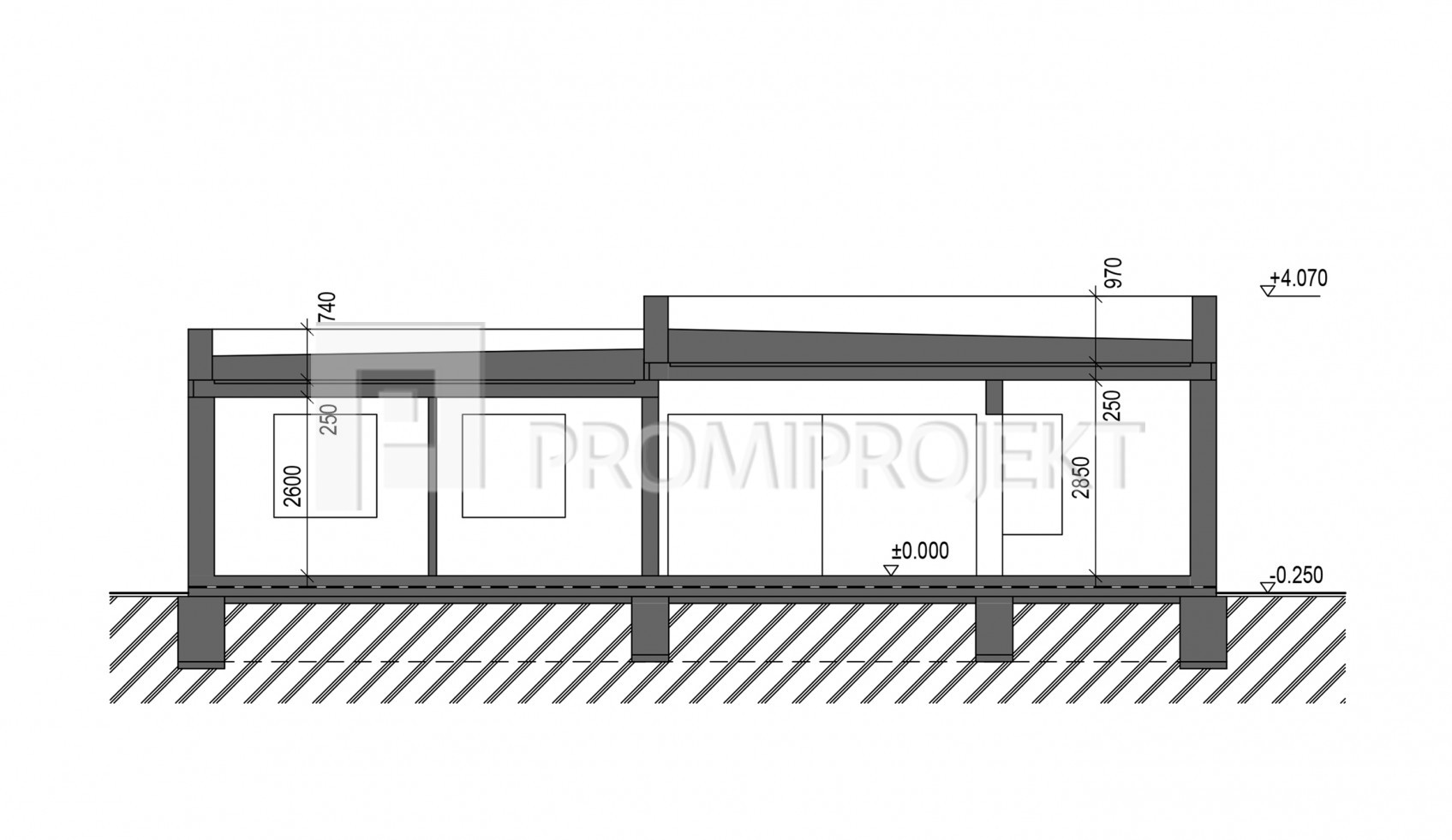 nadštandartný bungalov s garážou pre dve autá Linear 318, rez zrkadlový 1, Promiproj