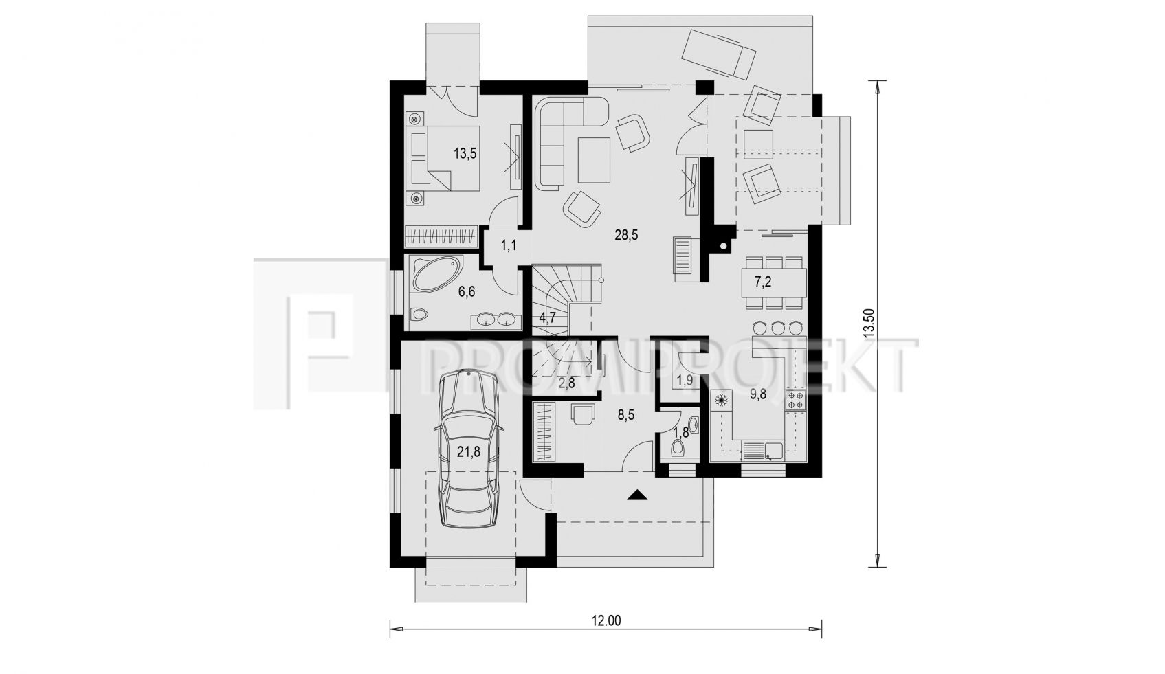 moderný nadčasový dvojgeneračný poschodový dom Linear 327, pôdorys prízemia 1, Promi