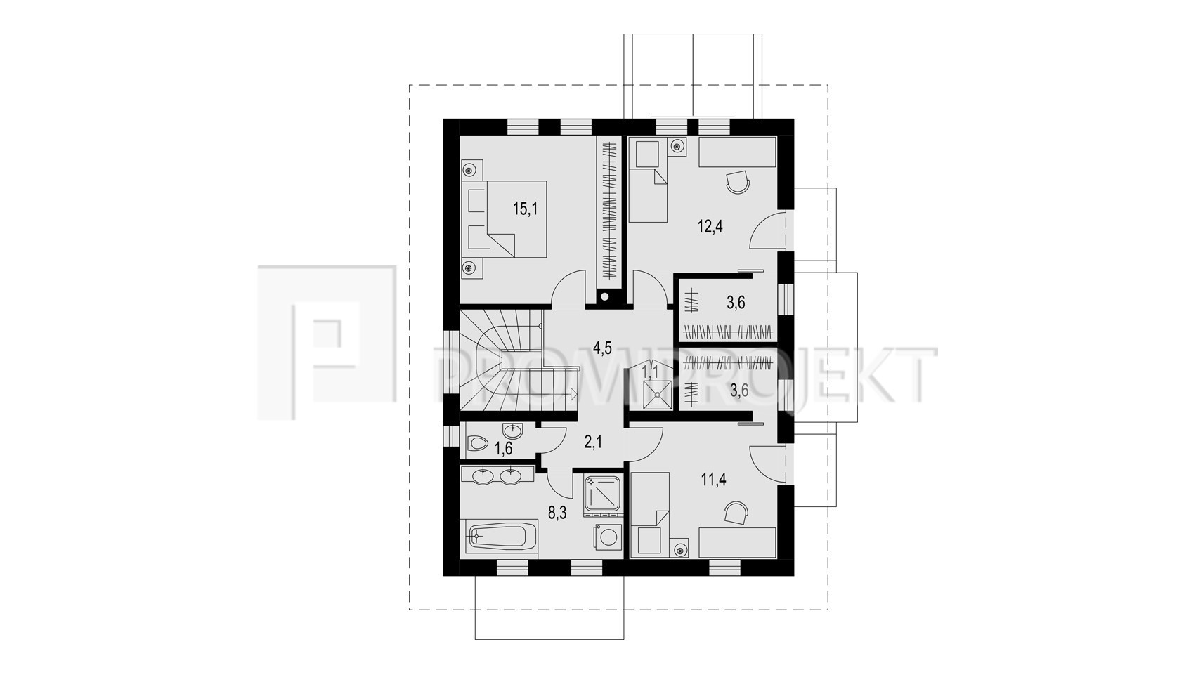 rodinný dom pre 4-6 člennú rodinu Pohoda 170, pôdorys poschodia zrkadlový 1, Promipr